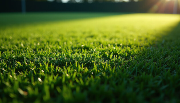Close-up view of vibrant green grass in sunlight with soft shadows and texture details. Grass blades catch sunlight creating a lively atmosphere. Ideal for nature, landscaping, or outdoor themes.