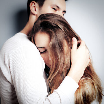 Love. Young couple hugs, have fun and vibing together , polaroid film style. Togetherness, family, relationship