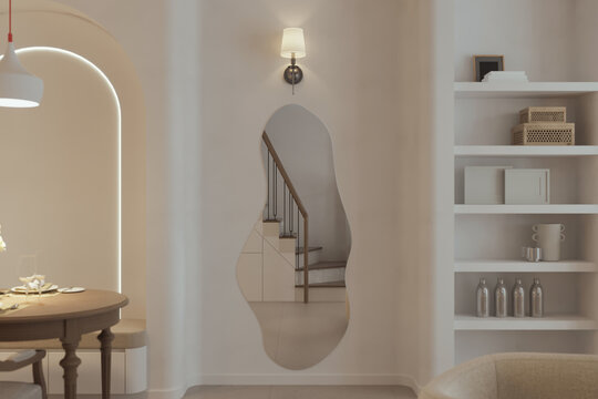 Modern Interior with Unique Curved Mirror and Minimalist Decor