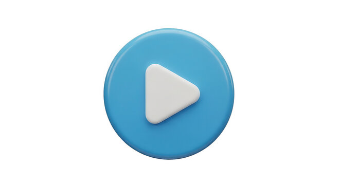 3D blue play button icon with white triangle on a transparent background for media playback