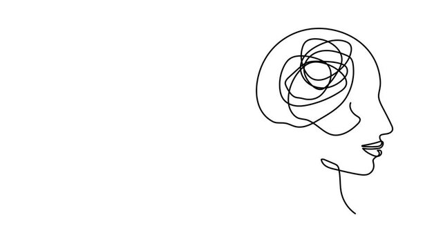 Hand untangling human head profile messy thoughts one line art animation, continuous line drawing psychologist helping brain mind tangle movie, mental health solution therapy 4k