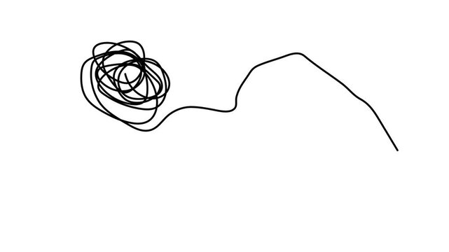 Hand untangling human head profile messy thoughts one line art animation, continuous line drawing psychologist helping brain mind tangle movie, mental health solution therapy 4k