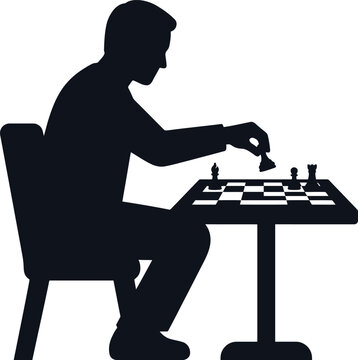 Silhouette of man playing chess game at table.