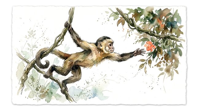 Monkey Hanging from Branch Watercolor