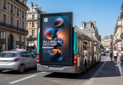 Huge Billboard on a Bus In Paris City Mockup
