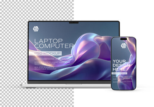 Front View of Isolated Smartphone and Laptop on White Background Mockup