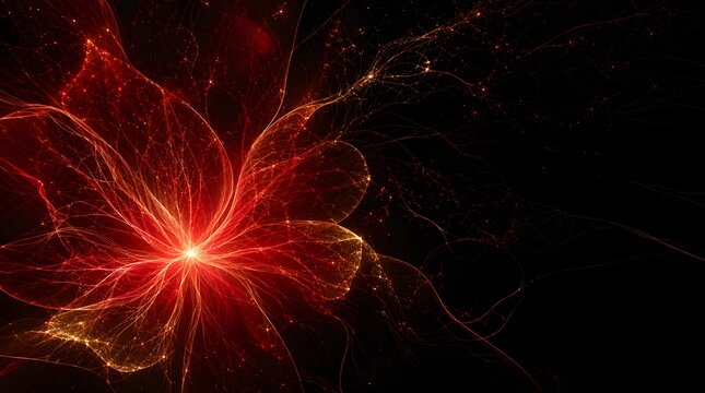 Abstract background of glowing red energy waves and floral neural network