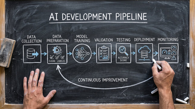 A chalkboard drawing illustrating the AI Development Pipeline, with a hand pointing to the 'Monitoring' stage. The diagram shows steps like data collection, model training, and deployment