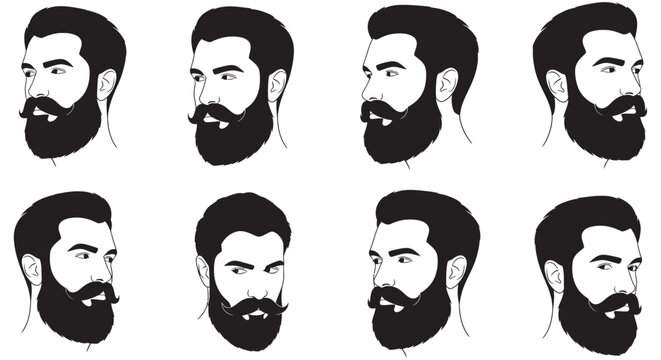 Eight black and white vector illustrations of men s faces with varying beard styles