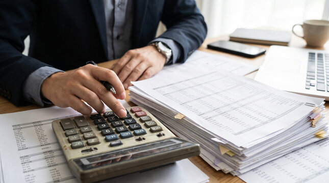 A person using a calculator and reviewing documents, highlighting business and financial activities
