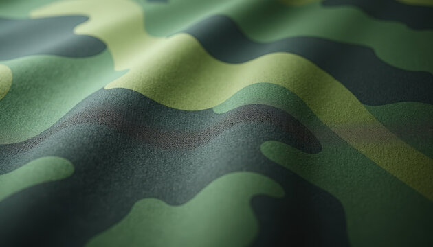 Camouflage fabric with green and black patterns showing texture and waves for design and military concepts.