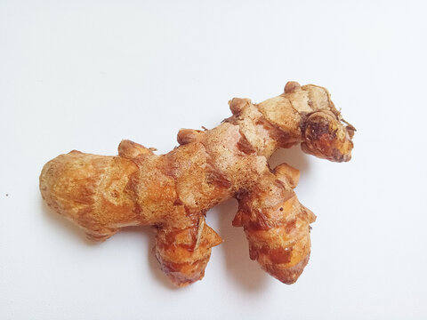 Fresh raw organic turmeric root isolated on a white background