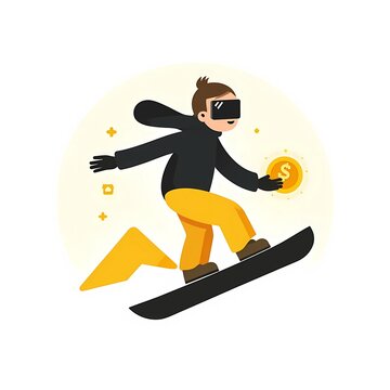 Character Wearing VR Headset Snowboarding and Holding Gold Dollar Coin