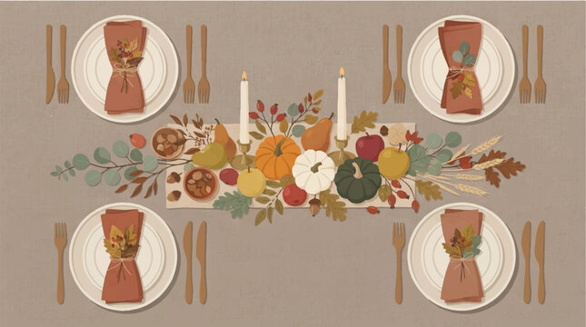 Elegant Thanksgiving dinner table setting with pumpkins candles and autumn leaves illustration for festive celebration background