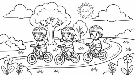 Fototapeta premium Coloring page of happy children riding bicycles in a sunny park with trees and flowers