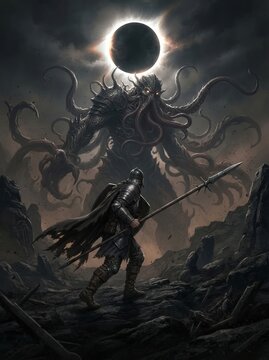 A fearless warrior approaches a monstrous titan under a glowing eclipse in dark fantasy art