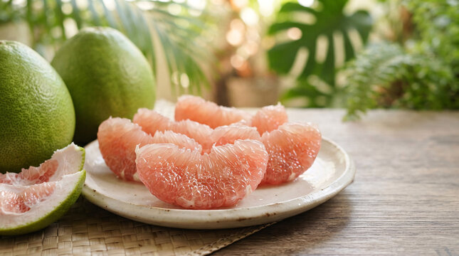 Fresh pink pomelo segments arranged on a ceramic plate with whole green citrus fruits in a tropical setting.