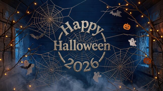 Happy halloween 2026 greeting text in rustic metallic font placed inside circular spider web with ghosts and string lights.
