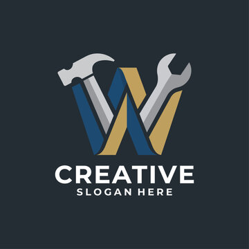 This logo design integrates a hammer and wrench within the letter W, reflecting creativity, craftsmanship, and professionalism for a service-oriented brand.