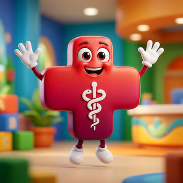 3D cartoon red cross mascot with medical symbol and raised hands in a bright pediatric clinic for healthcare concepts.
