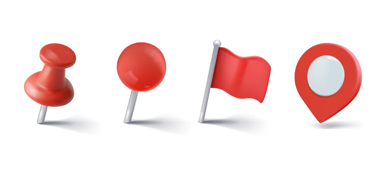 Red geotag different forms, 3D plastic style vector icons set. Thumbtack, push pin, flag tags, realistic map pointer sign. Travel app navigation render symbol, GPS location position mark