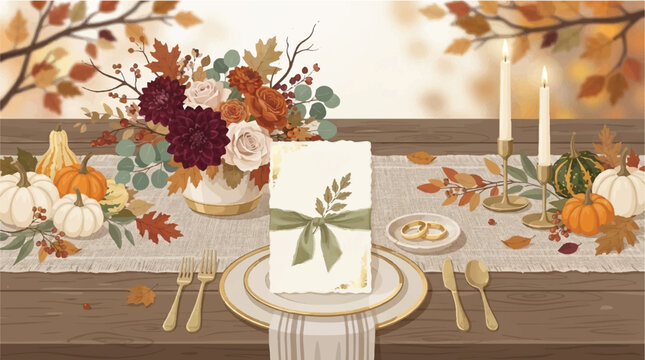 Autumn Thanksgiving Wedding Table Setting Banner with Floral Arrangement Pumpkins and Menu Card Decor