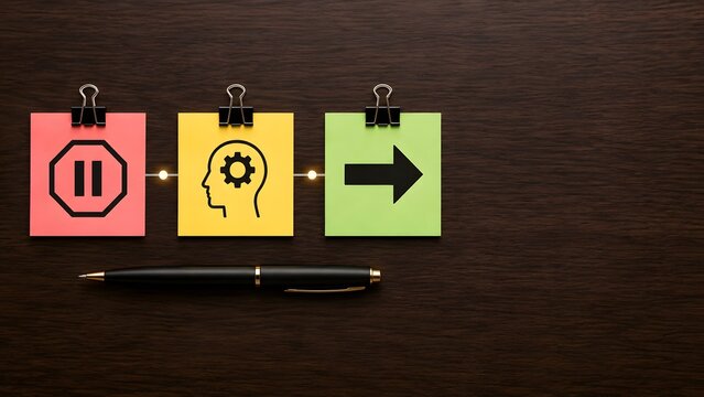 Business planning concept with stop think and act icons on sticky notes representing workflow strategy