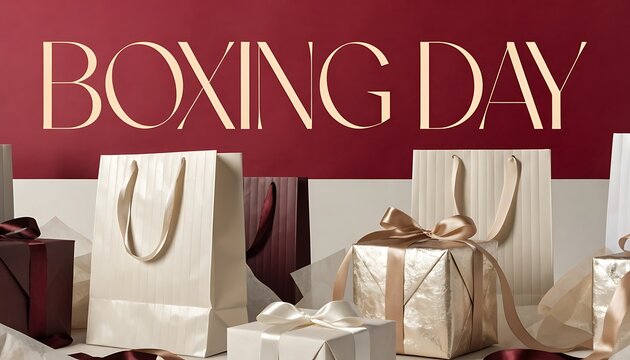 Boxing Day Sale with Gift Bags and Wrapped Presents on a Red Background shopping