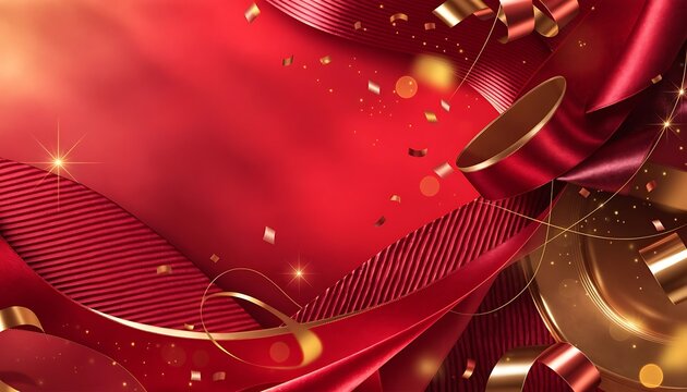 Festive Red and Gold Ribbons with Confetti and Sparkles Background celebration