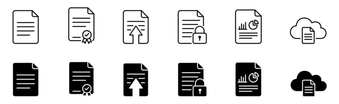 Document management and file storage vector line and filled icon set for business report and cloud data.