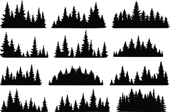 Pine forest silhouette collection, 12 evergreen tree line borders, black coniferous woodland landscape vector set for outdoor adventure design