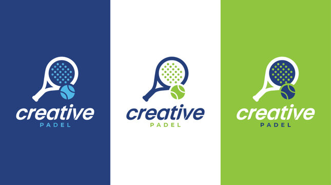 A sleek and modern logo design for padel sports, featuring a padel racket and bold typography, highlighting active and sporty lifestyles.