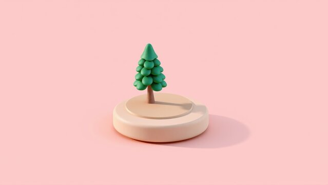 Minimalist tree sculpture sits atop rounded base. Soft pink background creates gentle shadow, simple design.