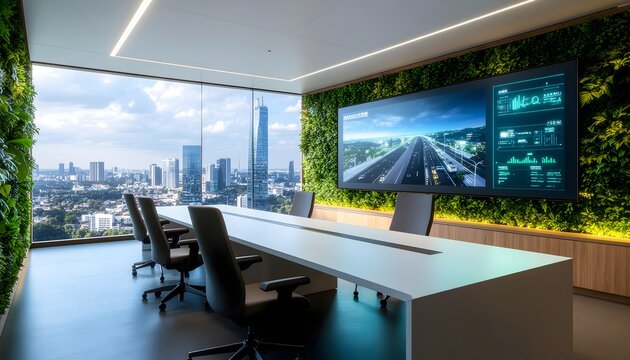 Futuristic smart city traffic control center with holographic data visualization and living green walls