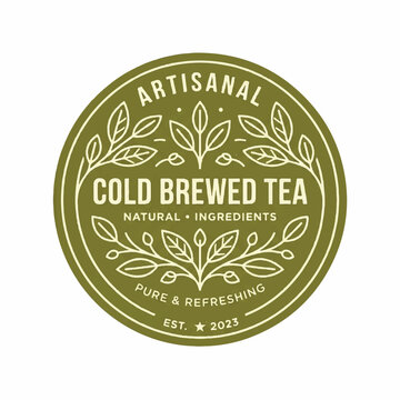 Artisanal Cold Brewed Tea Label Badge Design with Natural Ingredients Leaves Motif Circle