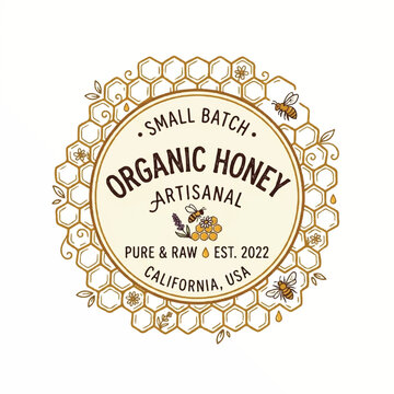 Organic Honey Artisanal Label Badge with Honeycomb Pattern and Bees Design