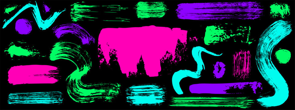 Zen curve stroke with abstract brush arc and neon paint. Acid ink arch with grunge paintbrush brushstroke and line dry frame vector. Artistic pink banner shape with watercolor badge for calligraphy