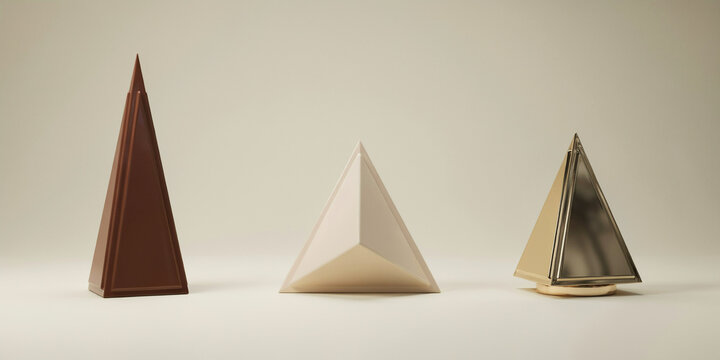 Three pyramid shaped decorative in dark wood, matte white, and metallic gold finishes