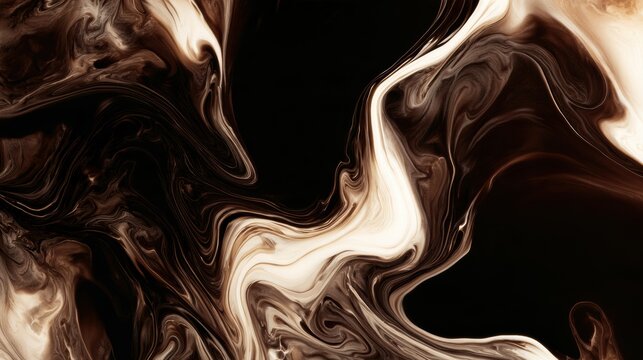 Dark espresso coffee swirls with bright white cream creating contrast and dynamic movement in a macro overhead perspective