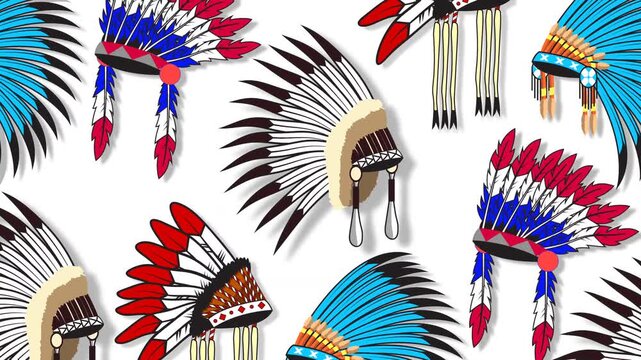 Native American warbonnet headdress pattern animation celebrating heritage day indigenous culture and traditional tribal symbols.