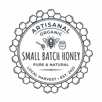 Artisanal Organic Small Batch Pure Natural Local Harvest Honey Logo with Honeycomb Bee Honey Jar Design