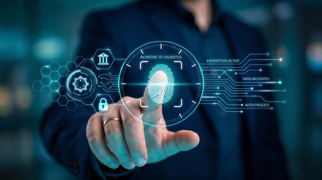 Business professional interacting with digital fingerprint scanner security interface for biometric identification and authentication access control fingerprint biometric