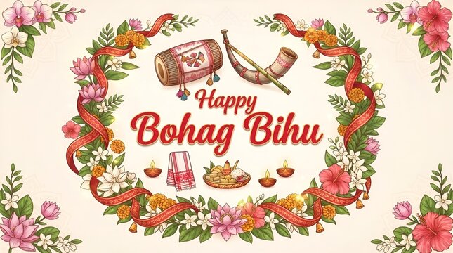 A festive illustration celebrating Bohag Bihu with traditional instruments and floral decorations