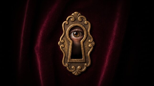 Mysterious Eye Peeking Through Antique Brass Keyhole &ndash; Curiosity Concept
