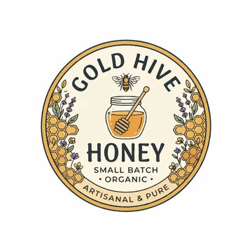 Rustic Gold Hive Honey Label Badge for Small Batch Organic Beekeeping Artisanal Raw Honey Packaging