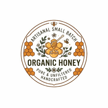 Vintage Artisanal Organic Honey Label Badge with Floral Bees Illustration on White Background