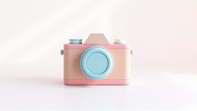 Pink camera sits on white surface. Minimalist design, simple shapes, pastel colors. Clean studio shot, focus on object.