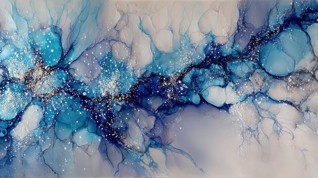 Abstract Blue-Watercolor Artwork with Fluid Patterns and Light Sparkles in Engaging Artistic Composition