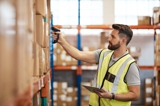 Man, tablet and logistics with scanner in storage for shipping, tracking or quality assurance. Male person, inventory or checking stock for supply chain or distribution service in warehouse or depot
