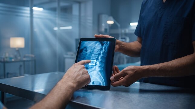 Patient Pointing at Spine X Ray Scan on Tablet in Modern Clinic